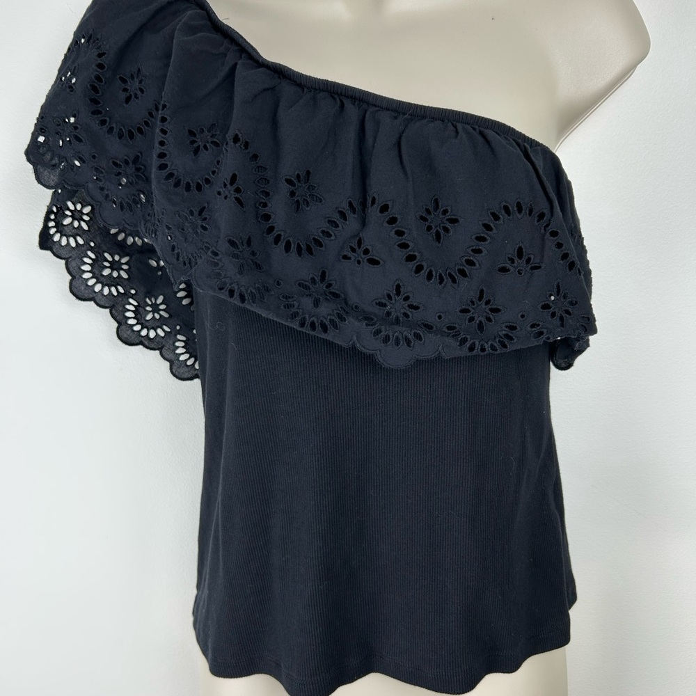 Old Navy Black One Shoulder Ruffled Eyelet Blouse sz XL Cottagecore WhimsyGoth